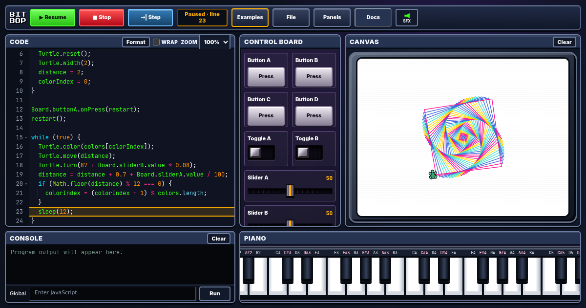 Bitbop Studio with code, a bright Turtle picture, controls, Piano, and Console.